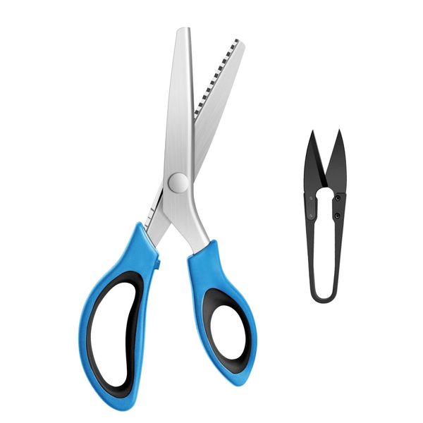 KUONIIY Pinking Shears, Zig Zag Scissors Set, Professional Serrated Scissors for Cutting Fabric, Suitable for Tailor, Including 9.4 inch Pinking Shears, 4.1 inch Thread Cutter, Blue Black