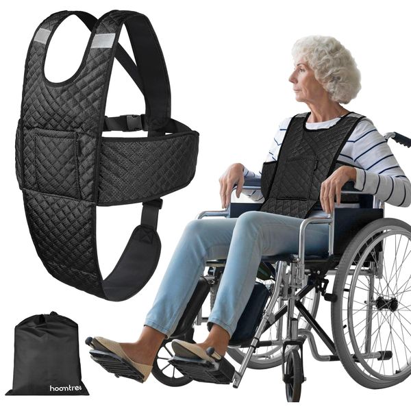 Wheelchair Seatbelt with Pocket Wheelchair Seat Belts for Adults Anti-Slip & Adjustable Wheelchair Accessories Safety Belt for Seniors Elderly, Patients, Anti-Fall Wheelchair Harness Vest (Black)