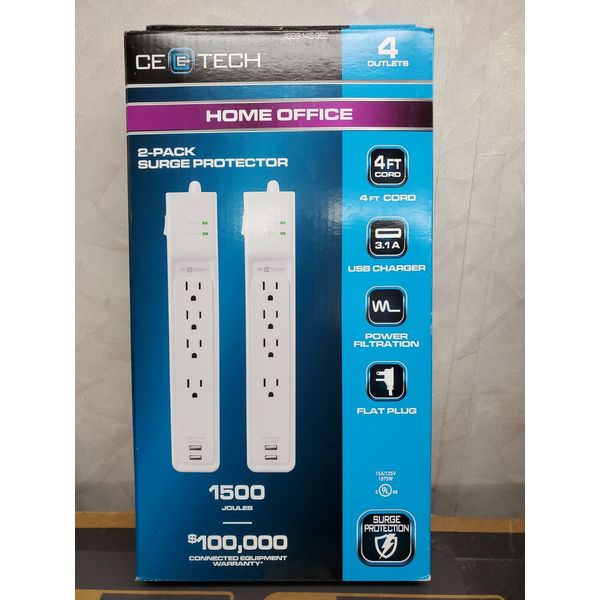 CE Tech (2-Pack) 4-Outlet USB Power Strip Surge Protector with 4 ft. Cord, White