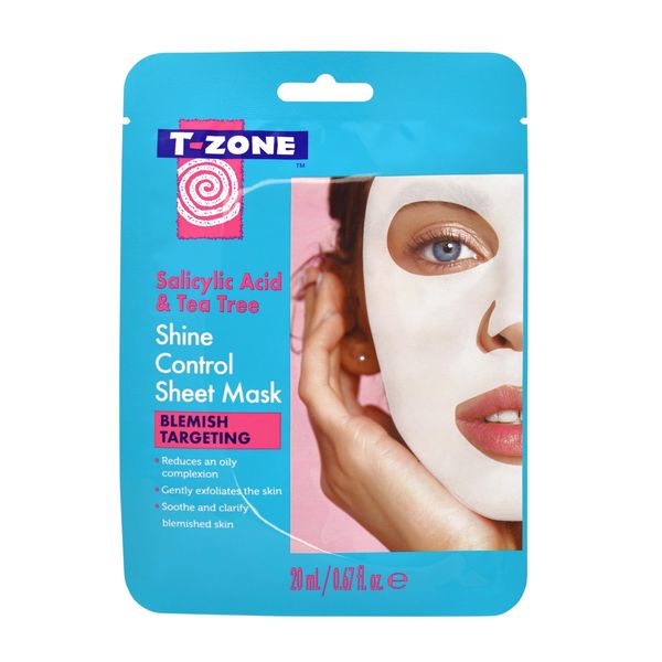 T-Zone Salicylic Acid & Tea Tree Shine Control Sheet Mask - Antibacterial Tea Tree and Exfoliating Salicylic Acid - Reduces Excess Oil, Promotes Clear Complexion, 20ml