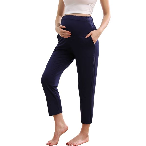 ZUMIY Maternity Lounge Pants Pregnancy Trousers Over The Belly Stretchy Activewear, Maternity Clothes Sweatpants with Pockets (L,Navy Blue)