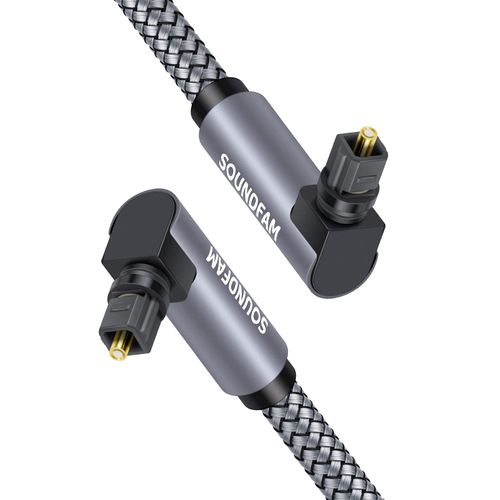 SOUNDFAM 90 Degree Toslink Optical Audio Cable Double Right Angle Fiber Optic Cable 360 Degree Free-Rotating Plug for Home Theater, Sound Bar,TV-Grey (10ft/3m)