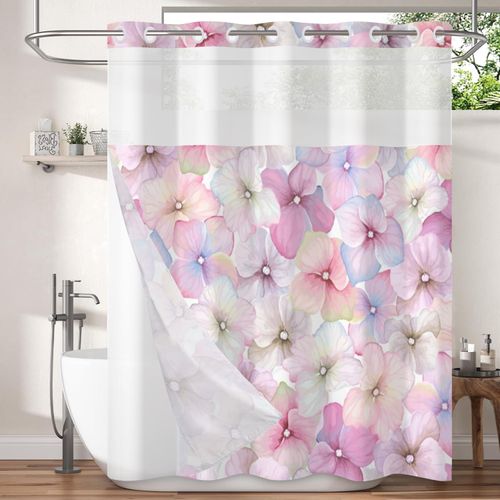 Floral Shower Curtain No Hooks with Liner for Bathroom Decor,Violet Flower Shower Curtain Waterproof with See Through Top Window,Colorful Flower Watercolor Fabric Shower Curtain Set,71x74 Inch