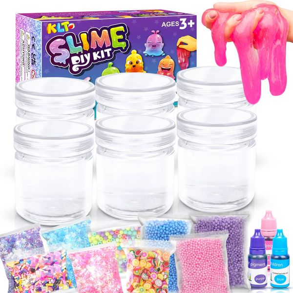 KLT Clear Slime Kit Toys for Girls: 20 FL OZ Slime Making Kits,6 Pack Premade Crystal Slime with Add-ins: Jelly Cubes,Foam Beads,Luminous Beads,Fruit Slices,Glimmer Tubes,Birthday Gifts for Kids