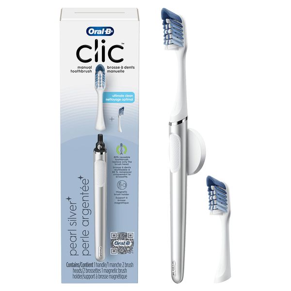 Oral-B Clic Toothbrush, Chrome White, with 1 Bonus Replacement Brush Head and Magnetic Toothbrush Holder