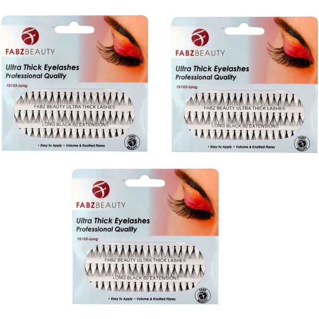 Ultra Thick Knotted Individual Cluster Eyelashes False Lashes Fabz Beauty (Pack of 3 - Long 12mm)