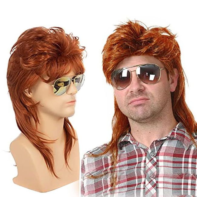 Mullet Wigs for Men, 80S Long Hair Curly Orange Wig 70S Curly Disco Punk Rock Ginger Wig for Halloween Cosplay Christmas Party