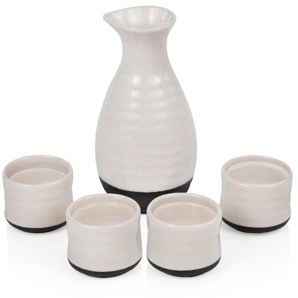 True Fervor Ceramic Sake Set Includes Four 3.5 oz Small Cups & One 8 oz Carafe for Gin, Japanese Tea, Herbal Teas, Drinkware, Home Bar, 5-Piece, White