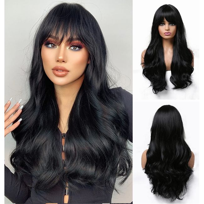 Esmee Long Wavy Black Wigs for Women Synthetic Brunette Hair Wig with Fringe for Daily Party Cosplay Use-26Inches