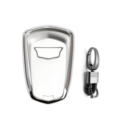 Xotic Tech Silver Key Fob Cover w/Keychain, Soft TPU Key Fob Case Shell Protector Compatible with Cadillac Escalade 2015-2019, CTS SRX XT5 ATS STS CT6 3/4/5/6-Buttons Smart Keyless Entry Key