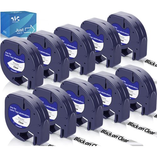 Weemay 10 Pack 16952 Clear Plastic Labels Compatible with Dymo Letratag Refills Clear Transparent Label Tape 1/2 x 13 Black on Clear Refill for LetraTag 200B LT-100T LT-100H Plus QX50, 12mm x 4m