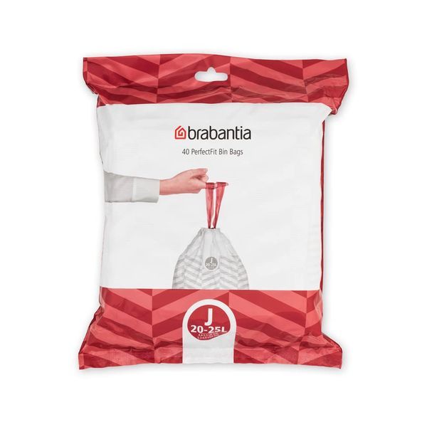 Brabantia PerfectFit Trash Bags (Size J/5.3-6.6 Gal) Thick Plastic Trash Can Liners with Drawstring Handles (40 Bags)