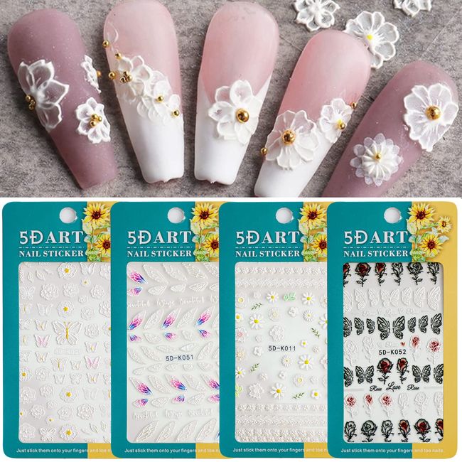 Biutee Nail Stickers, 4 Floral Nail Art Stickers, 5D Nail Stickers, Mixed Floral Nail Stickers, 4 Types, No Damage, Nail Stickers, Nail Wraps, Women&#39;s, Cute, Popular, Stylish, Advanced