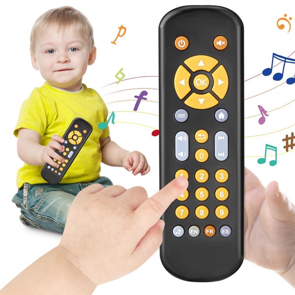 Avkast Baby TV Remote Control Toy 6 Month+, Toddler Realistic Remote Toy with Sound and Light, Early Educational Music Toys with 3 Languages English French Spanish for Infant Boys Girls 6 12 18 months