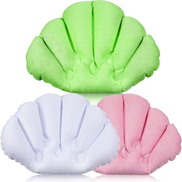 3 Pieces Inflatable Bath Pillow with Suction Cups, Terry Cloth Covered Bath Pillow Shell Shape Bathtub Spa Pillow Comfortable Soft Bath Cushion, Neck Support for Bathtub, Hot Tub (Pink, Green, White)