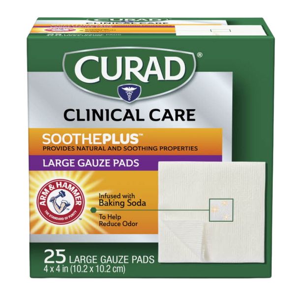 Curad SoothePlus Gauze Pads with Arm & Hammer Baking Soda, Large 4" x 4", 25 Count (Pack of 1)