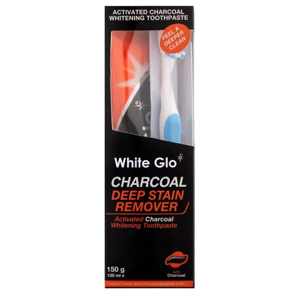 White Glo Charcoal Deep Stain Remover Whitening Toothpaste +White Glo Charcoal Polishing Powder Deep Stain Remover Whitening +Sanitral Dental Floss (Set of 3)