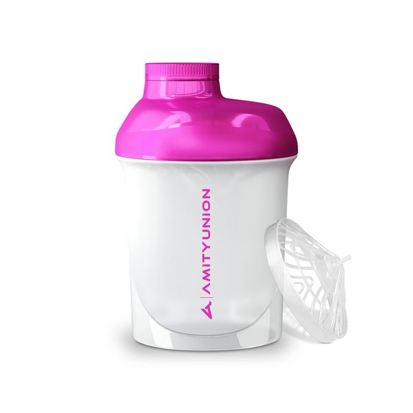 Frauen Protein Shaker 400ml Deluxe auslaufsicher, Europa, 100% BPA frei mit Sieb & Skala für Cremige Whey Shakes, Gym Fitness Becher für Isolate, Sport Getränke, Original Eiweiß Shaker in Weiß Pink