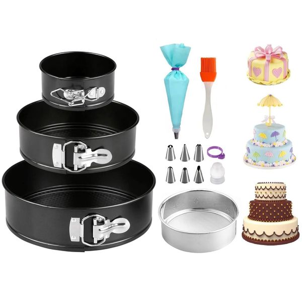 jingxinxin Cake Tins Set 3 Pcs(4"/7"/9"), Non-Stick Springform Baking Trays &1 Pcs Flour Sieve,Piping Bags and Nozzles 8 Pcs,1 Pcs Oil Brush,Cheesecake Pan with Removable Bottom