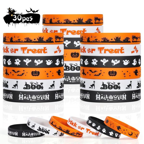 Halloween Rubber Bracelets 30 PCS Bulk Halloween Party Favors Supplies Silicone Wristbands for Trick or Treat Gifts Toys Goodie Bag Fillers Stuff Classroom Prizes for Kids Teens Girls Boys