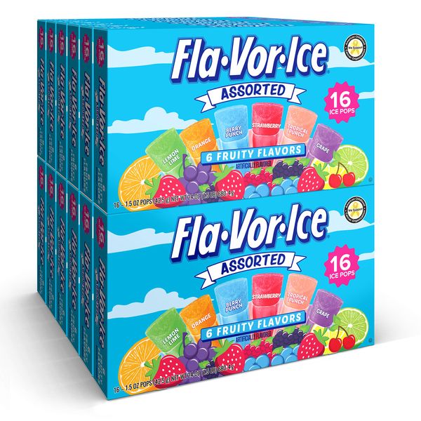 Flavorice Freezer Pops, 1.5oz Fat Free Ice Pops, Fruity Flavors (12 Boxes, 16 - 1.5 oz pops per box), 192 total Freezer Pops