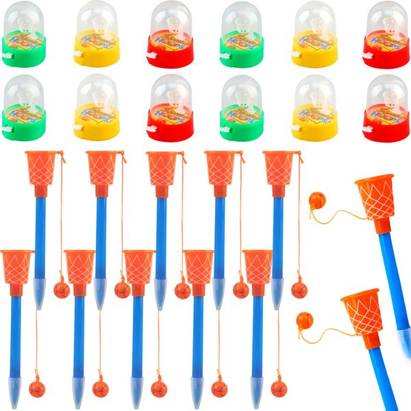 Haconba 24 Pack Mini Basketball Game Party Favor Includes 12 Pcs Mini Basketball Hoop Finger Game and 12 Pcs Basketball Hoop Pens for School Classroom Rewards Birthday Sports Party Favors