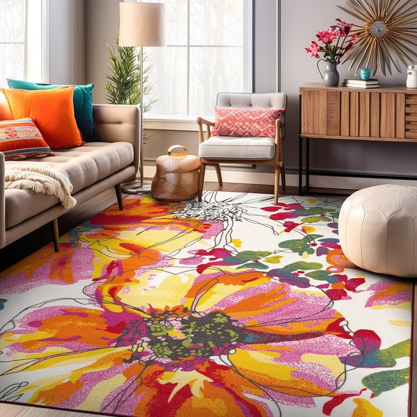 Rugshop Carpet Modern Bright Flowers Non-Slip Multicolored 3'3" x 5' Area Rug