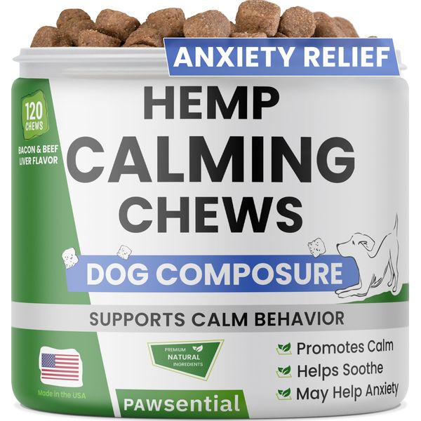 Pawsential Advanced Dog Calming Chews - Anxiety Relief Treats w/Melatonin + Valerian Root - Calm & Sleep Aid Bites - Stress Relief During Fireworks Storms Separation - Anti Anxiety & Aggression Pill