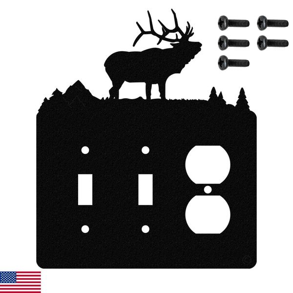 Innovative Fabricators, Inc. Solitary Elk Double Toggle Light Switch & Single Duplex Wall Plate (Double Toggle with Power, Black)