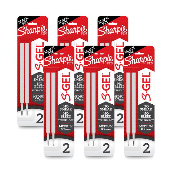 Sharpie S-Gel Refills, Black Ink Gel Pen Refills, Medium Point (0.7mm), 6 Packs of 2ct, 12 Refills Total