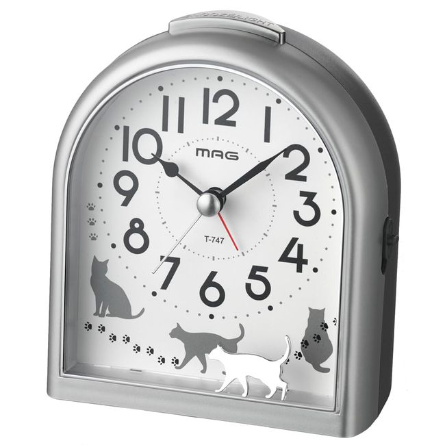 MAG T-747SM-Z Alarm Clock, Cat, Analog, Migrate, Silent, Continuous Second Hand, Snooze Function, Light Included, Silver