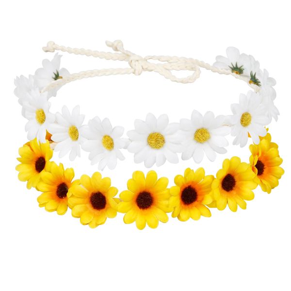 WOVOWOVO 2 Packs Daisy Flower Crown Headbands For Women Baby Girl, Sunflower Hippie Hair Accessories Fall Floral Crowns Hair Bands Handmade Bridal Headpiece Photo Props Party Vacation (White + Yellow)