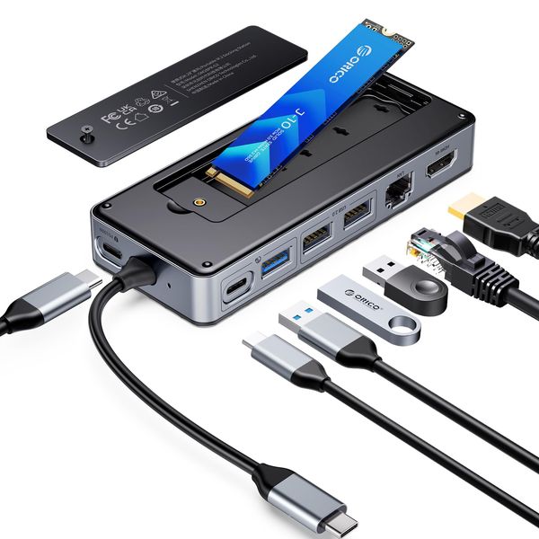 ORICO 8-in-1 USB C Docking Station mit M.2 SSD Gehäuse, USB C Hub für M.2 NVMe/SATA SSD, 10Gbps, 4K@60Hz HDMI, 100W PD, Ethernet, 15cm Kabellänge-OM28PR