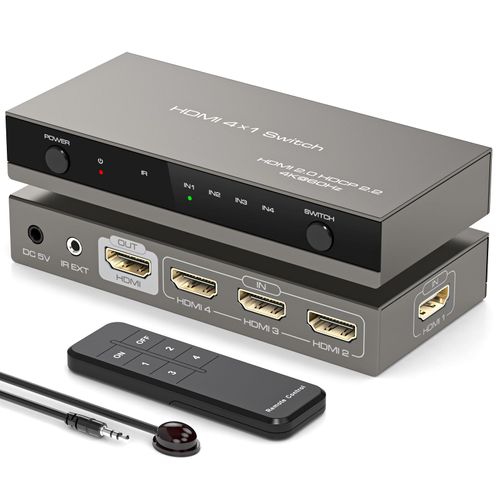 XPTSFDU HDMI Switcher 4 in 1 Out 4K@60Hz Multi Port Adapter HDMI 2.1 Switch with Power Adapter and Remote Control Compatible with PS5 PS4 Xbox Switch Roku Blu Ray Player