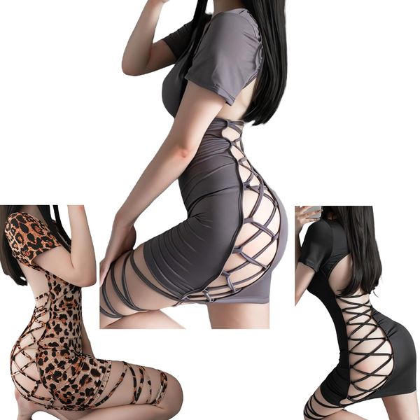 OLYOLY Extreme Body Con Mini Skirt, One Piece Set, Micro Mini, Slit, Sexy Cosplay, Underwear, Babydoll, T-back Panties (07, 3 Color Set)