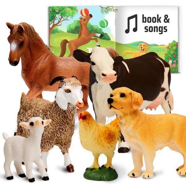 Narratoys Farm Animals Figures with Book and Audio - 6 pcs Educational Animal Figurines Set with Realistic Horse, Cow, Dog, Goat - Learning Toys Gift for Kids, Toddlers 18+ Months