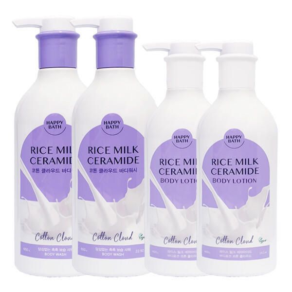 Happy Bath Rice Milk Ceramide Body Wash Cotton Cloud 650g x2 + Body Lotion 400g