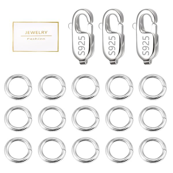 925 Sterling Silver Jewelry Making Lobster Claw 10mm, 23PCS Italian Rectangle Trigger Clasps with Open Jump Rings Set, Small Necklaces Bracelet Connector Clasp Supplies Silver Jewelry Finding Set