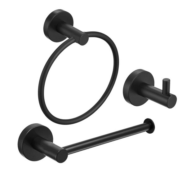 Stainless Steel Bathroom Hardware Set Black 3 Pieces Bathroom Hardware Accessories Sets Wall Mounted Double Towel Ring Towel Holder Hook Toilet Paper Holder