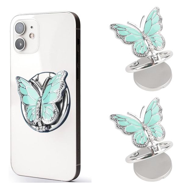 2PCS Bling Cute Butterfly Cell Phone Ring Holder 360°Rotation Adjustable Sparkle Metal Finger Stand Kickstand Universal Compatible with iPhone, Samsung, All Smartphone Green