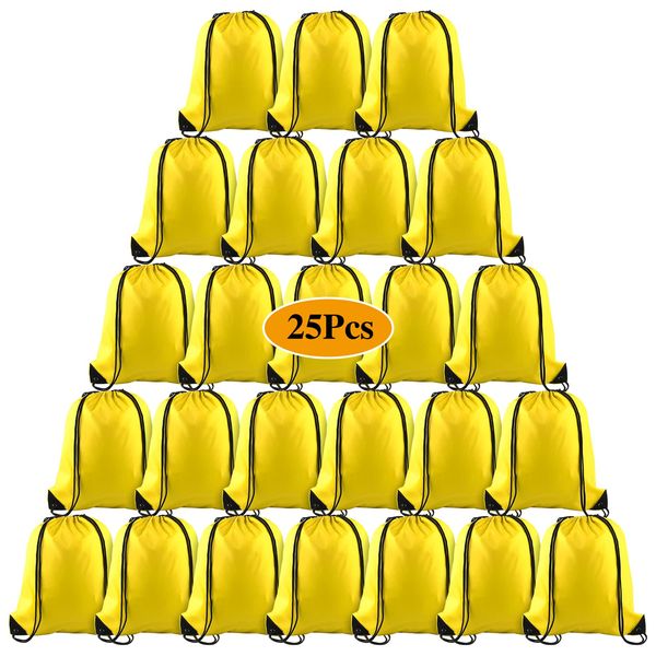 PLULON 25 Pcs Yellow Drawstring Backpack Bags Bulk String Backpack Cinch Sack Pull Sport Gym Backpack Bags for Yoga Traveling Outdoor Sports