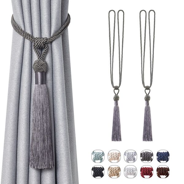 Pretty Jolly 2 Pack Long Tassel Curtain Tiebacks Handmade Braided Rope Knot Drape Tie Backs European Style Decorative Curtain Holdbacks for Home & Office Window Drapery (Dark Grey)