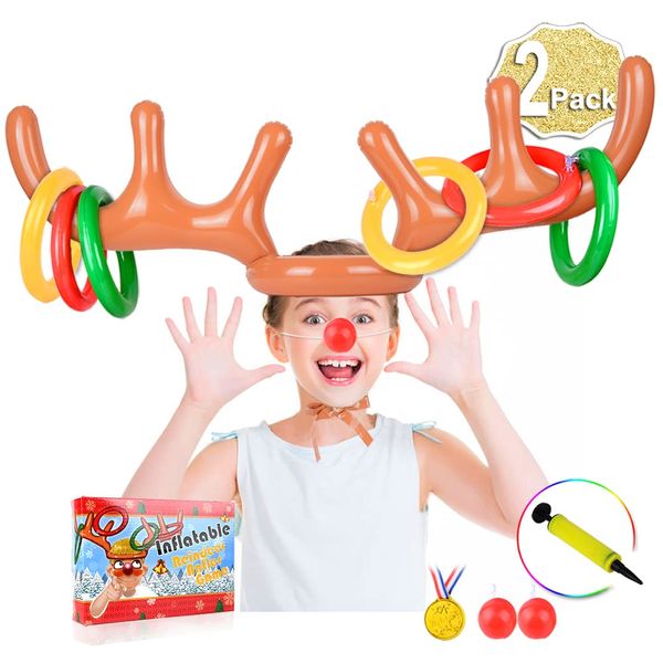 Inflatable Reindeer Antler Game, 2 Inflatable Antler, 12 Rings Inflatable Reindeer Ring Toss Christmas Party Games, Christmas Family Games by AniSqui