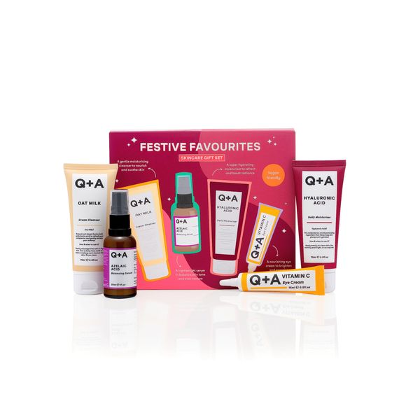 Q+A Festive Favourites Gift Set, containing a Hyaluronic Acid Moisturiser (75ml), an Oat Milk Cream Cleanser (75ml), an Azelaic Acid Serum (30ml), and a Caffeine Eye Serum (15ml)