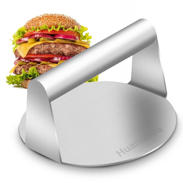 Stainless Steel Burger Press, Burger Smasher Heavy-Duty Bacon Grill with Silicone Brush, Non Stick Grill Press for BBQ, Flat Top Griddle & Grill Cooking, Dishwasher Safe and Easy to Clean