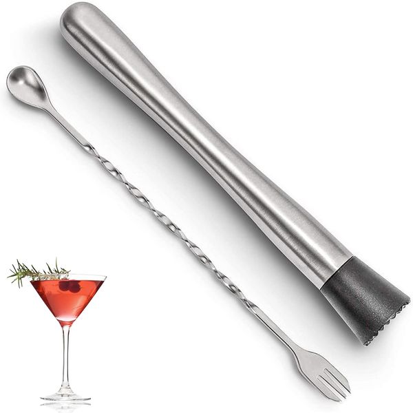 ALLWYOU Cocktail Muddler with Mixing Spoon Cocktail Stirrer Stainless Steel Bar Tools Fruit Ice Crusher Mixer,Mojitos Cocktail Making Tool Set for Bar Home Party