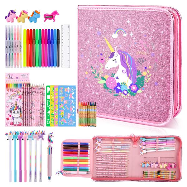 56 Pc Fruit Scented Marker Set with Glitter Unicorn Case, Art Supplies Kit for Kids Ages 4-8