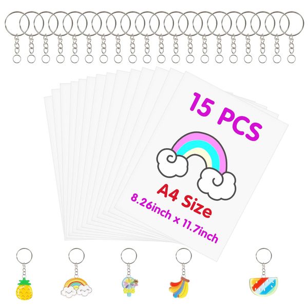 135pcs Heat Shrinky Paper Keychain Kit with 120pcs Keychains Accessories and 15pcs A4 (11.7''x8.3'') Clear Heat Shrinky Art Film Paper for Making Creative Craft Handwork Keychain Kit