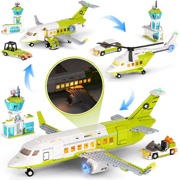 Demkia 3 in 1 City Passenger Airplane Building Sets with LED Light, 684 PCS Toy Plane Building Blocks with Airport Terminal, Luggage Cart, Aircraft Tug Model Plane Toys for Kids 6-12+