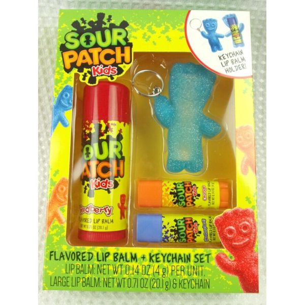 Sour Patch Kids Flavored Lip Balm & Keychain Holder, 1 Large, 2 Small balms NIB